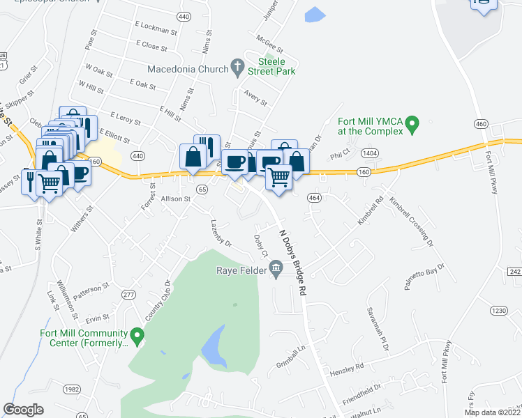 map of restaurants, bars, coffee shops, grocery stores, and more near 1103 Doby Court in Fort Mill