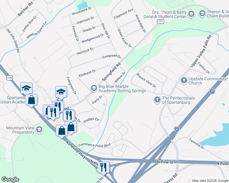 map of restaurants, bars, coffee shops, grocery stores, and more near 120 Perry Drive in Boiling Springs