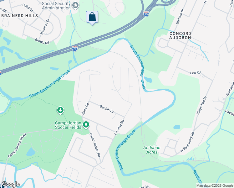 map of restaurants, bars, coffee shops, grocery stores, and more near 59 Frawley Road in Chattanooga