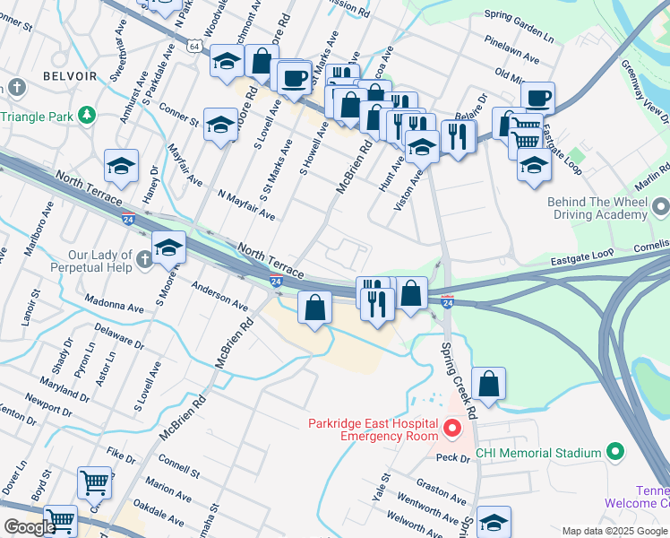 map of restaurants, bars, coffee shops, grocery stores, and more near 312 Mcbrien Road in Chattanooga