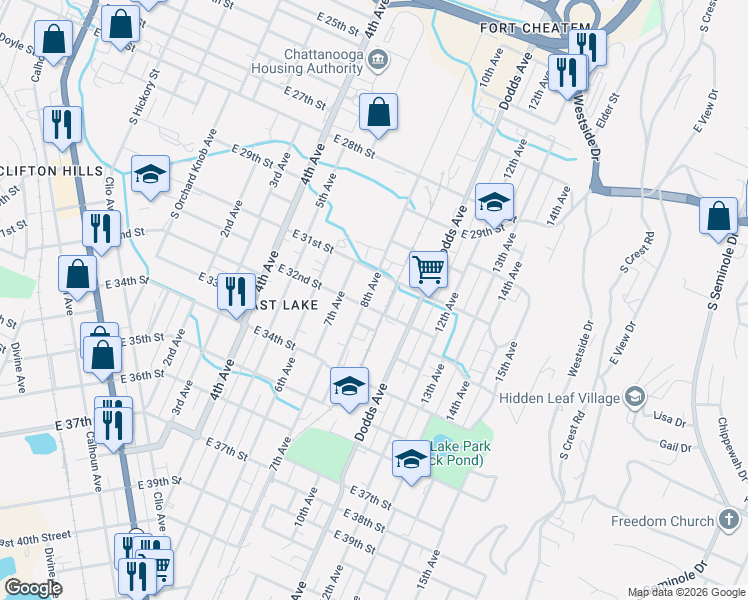 map of restaurants, bars, coffee shops, grocery stores, and more near 3112 8th Avenue in Chattanooga
