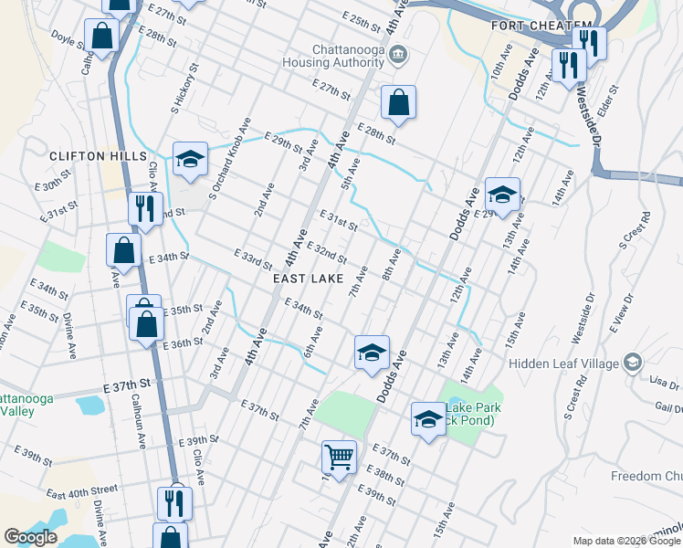 map of restaurants, bars, coffee shops, grocery stores, and more near 3209 6th Avenue in Chattanooga
