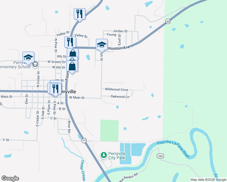map of restaurants, bars, coffee shops, grocery stores, and more near 411 Wildwood Cove in Perryville