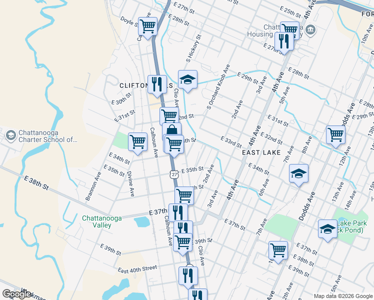 map of restaurants, bars, coffee shops, grocery stores, and more near 3408 Clio Avenue in Chattanooga