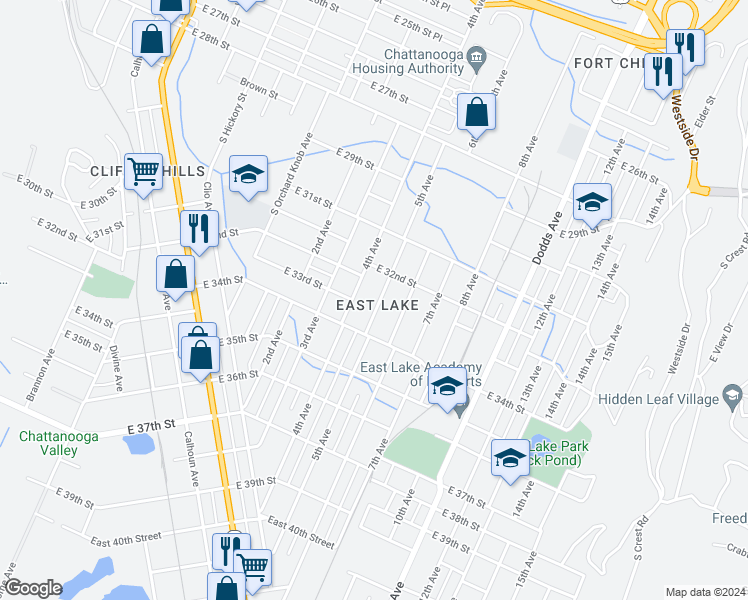 map of restaurants, bars, coffee shops, grocery stores, and more near 3215 5th Avenue in Chattanooga