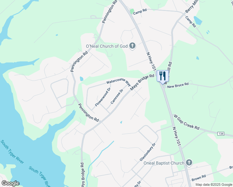 map of restaurants, bars, coffee shops, grocery stores, and more near 23 Camrose Drive in Greer
