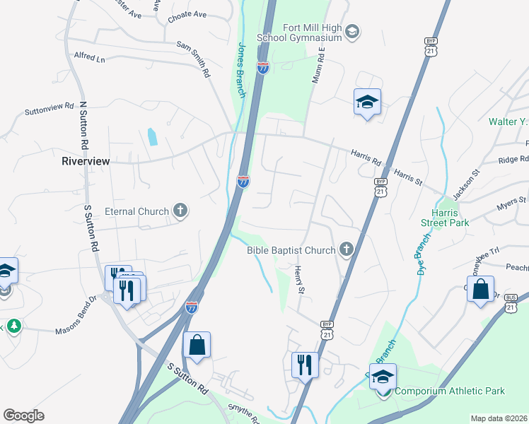 map of restaurants, bars, coffee shops, grocery stores, and more near 453 Laurel Fork Drive in Fort Mill