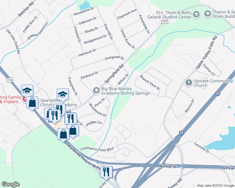 map of restaurants, bars, coffee shops, grocery stores, and more near 120 Perry Drive in Boiling Springs