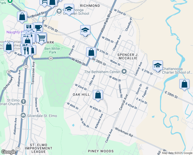 map of restaurants, bars, coffee shops, grocery stores, and more near 3920 Ohls Avenue in Chattanooga