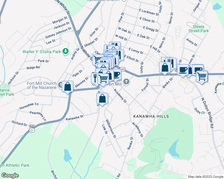 map of restaurants, bars, coffee shops, grocery stores, and more near 126 Academy Street in Fort Mill