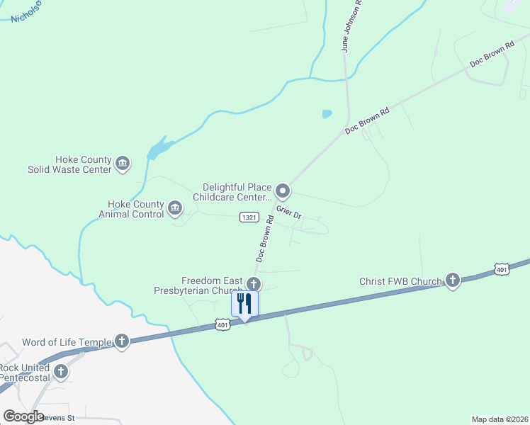 map of restaurants, bars, coffee shops, grocery stores, and more near 122 Steele Road in Raeford