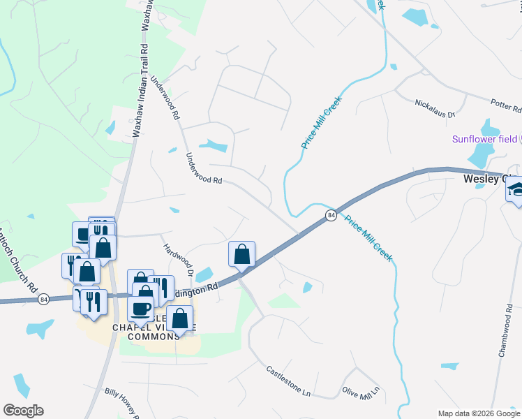 map of restaurants, bars, coffee shops, grocery stores, and more near 1008 Underwood Road in Matthews