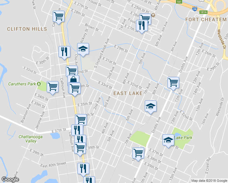 map of restaurants, bars, coffee shops, grocery stores, and more near 3300 3rd Avenue in Chattanooga