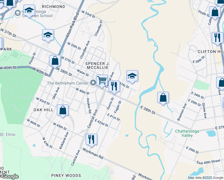 map of restaurants, bars, coffee shops, grocery stores, and more near 3729 Dorris Street in Chattanooga