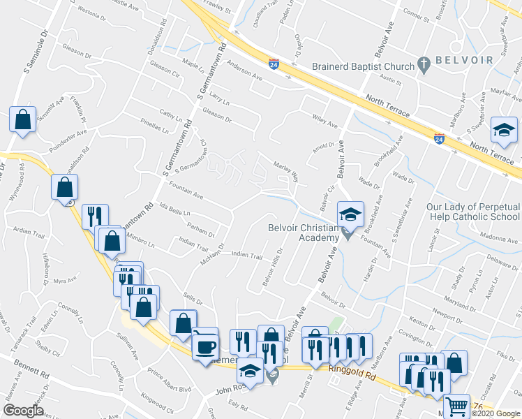map of restaurants, bars, coffee shops, grocery stores, and more near 807 Mount Belvoir Drive in Chattanooga