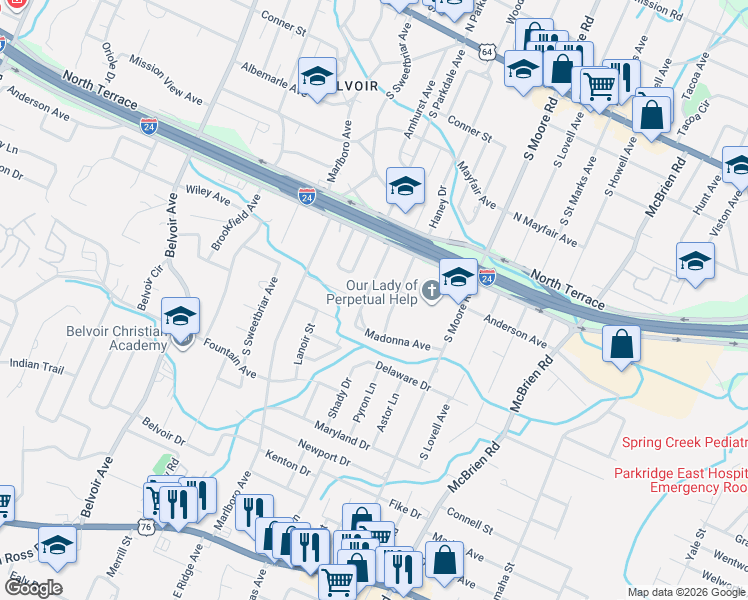 map of restaurants, bars, coffee shops, grocery stores, and more near 518 Sharondale Rd in Chattanooga