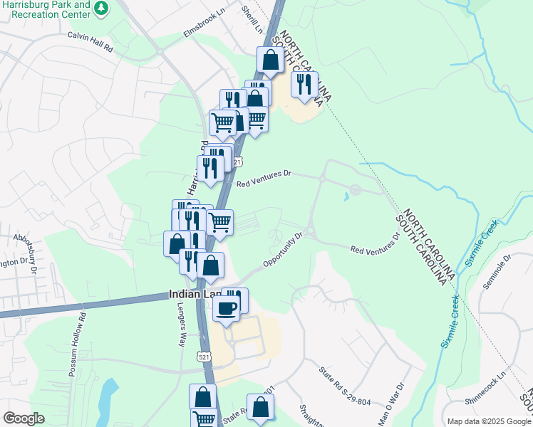 map of restaurants, bars, coffee shops, grocery stores, and more near 402 Potts Lane in Fort Mill