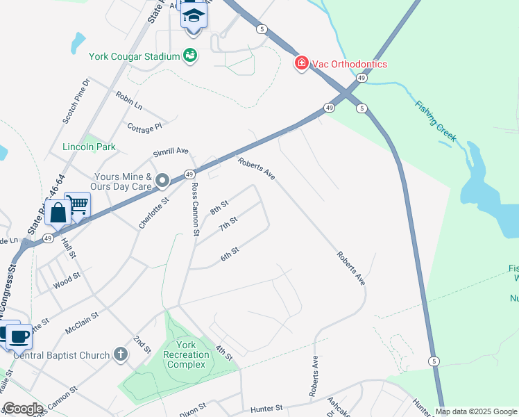 map of restaurants, bars, coffee shops, grocery stores, and more near 107 Dogwood Lane in York