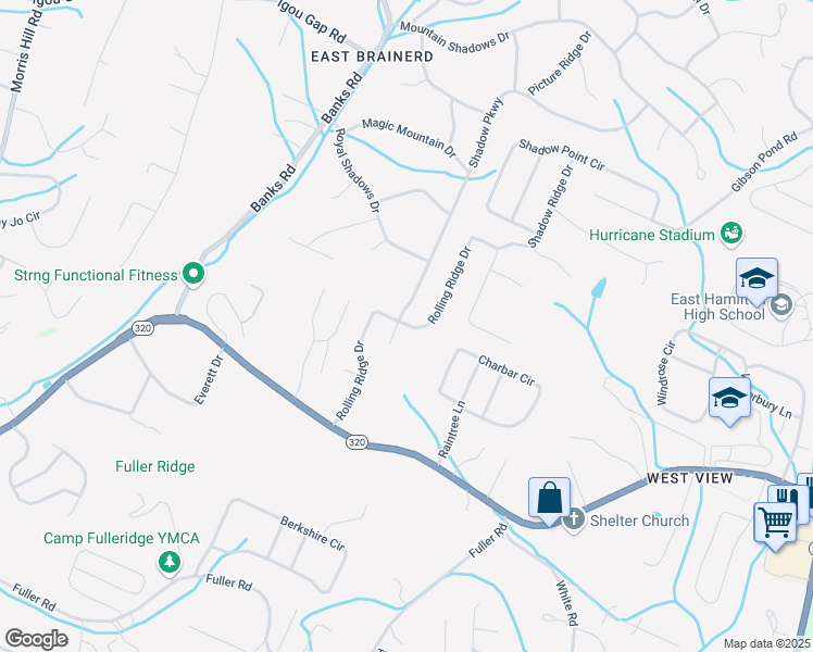 map of restaurants, bars, coffee shops, grocery stores, and more near 170 Rolling Ridge Drive in Chattanooga