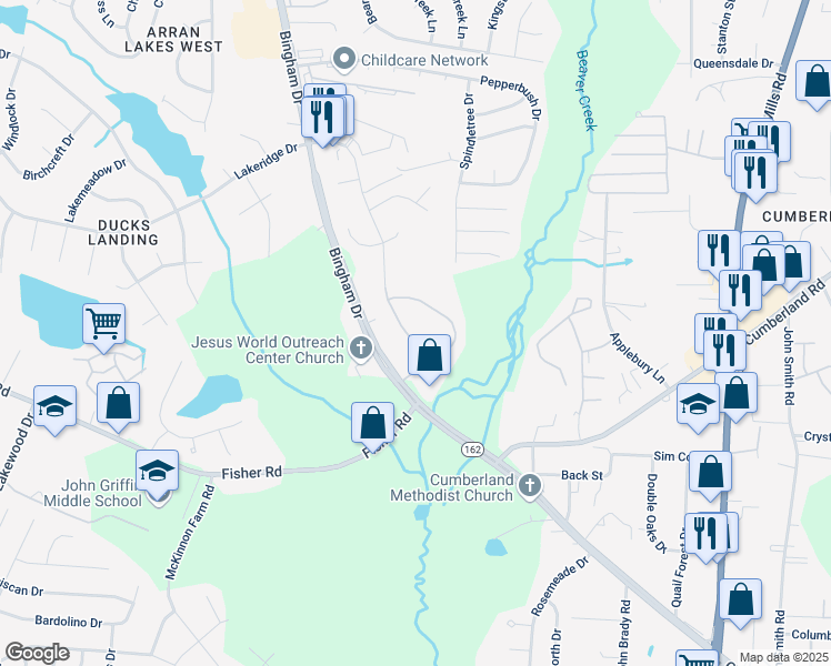 map of restaurants, bars, coffee shops, grocery stores, and more near 2535 Painters Mill Drive in Fayetteville