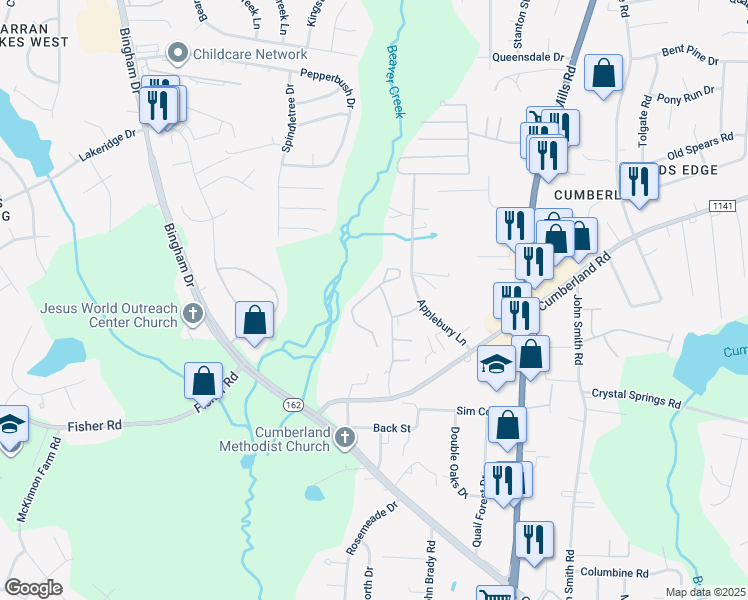 map of restaurants, bars, coffee shops, grocery stores, and more near 2325 Cumberland Gap Drive in Fayetteville