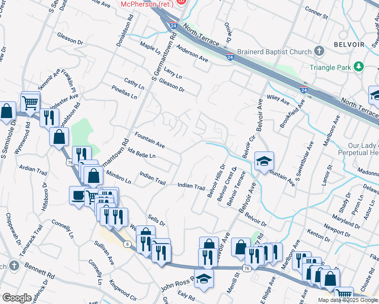 map of restaurants, bars, coffee shops, grocery stores, and more near 3700 Fountain Avenue in Chattanooga