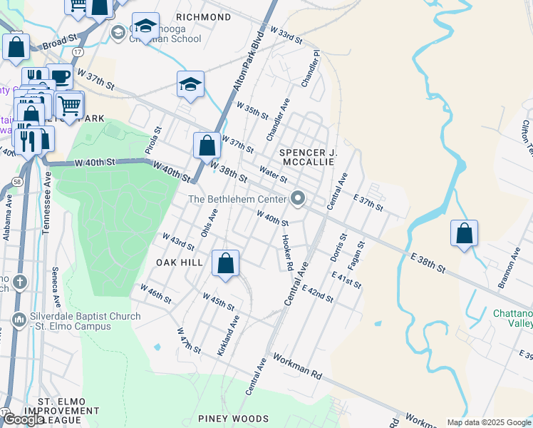map of restaurants, bars, coffee shops, grocery stores, and more near 3828 Highland Avenue in Chattanooga