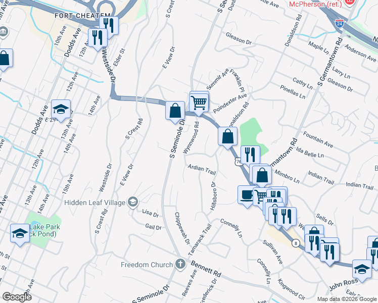 map of restaurants, bars, coffee shops, grocery stores, and more near 3211 Blackhawk Trail in Chattanooga