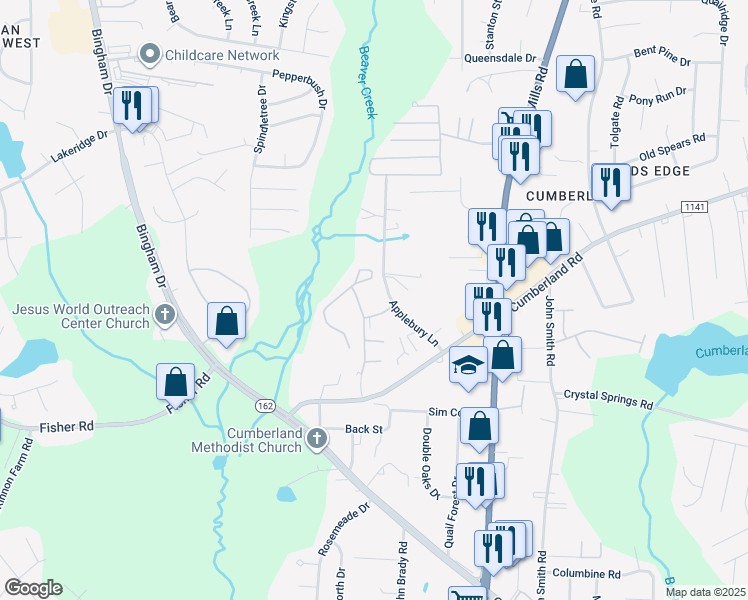map of restaurants, bars, coffee shops, grocery stores, and more near 2308 Cumberland Bay Drive in Fayetteville