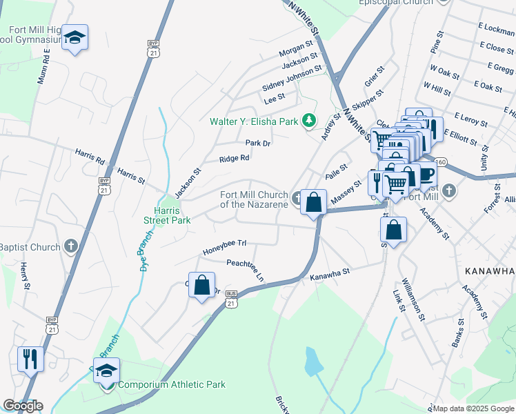 map of restaurants, bars, coffee shops, grocery stores, and more near 107 Myers Street in Fort Mill
