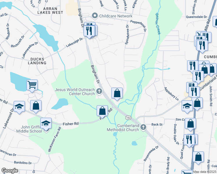 map of restaurants, bars, coffee shops, grocery stores, and more near 2535 Painters Mill Drive in Fayetteville