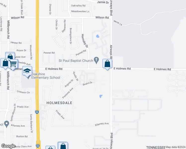 map of restaurants, bars, coffee shops, grocery stores, and more near 2113 7 Oaks Drive in Memphis
