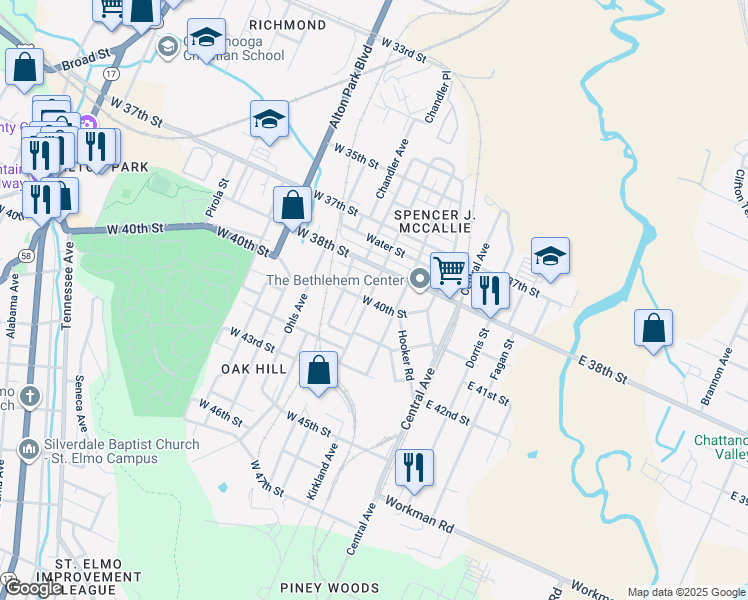 map of restaurants, bars, coffee shops, grocery stores, and more near 3828 Highland Avenue in Chattanooga