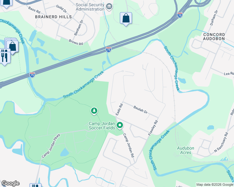 map of restaurants, bars, coffee shops, grocery stores, and more near 6717 Jordan Run Road in Chattanooga