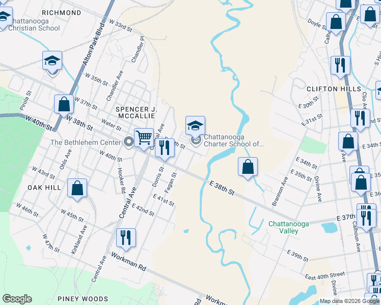 map of restaurants, bars, coffee shops, grocery stores, and more near 306 East 37th Street in Chattanooga