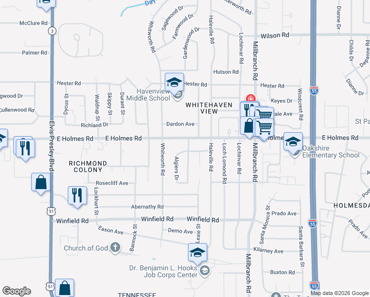 map of restaurants, bars, coffee shops, grocery stores, and more near 1502 Whiteplains Road in Memphis