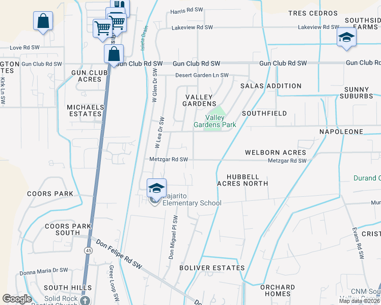 map of restaurants, bars, coffee shops, grocery stores, and more near 4721 Skyway Court Southwest in Albuquerque