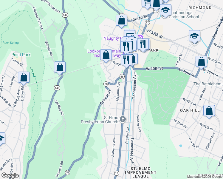 map of restaurants, bars, coffee shops, grocery stores, and more near 306 Ochs Highway in Chattanooga