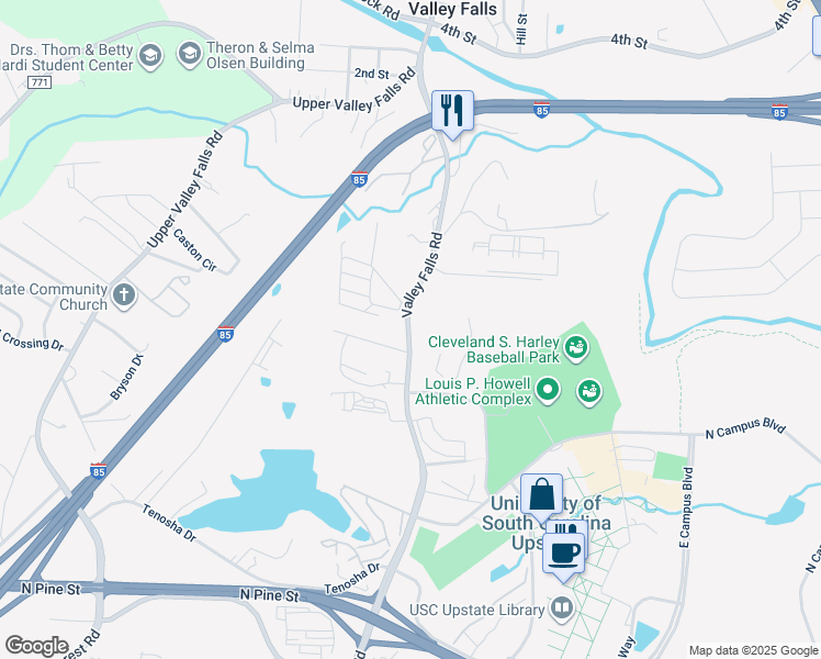 map of restaurants, bars, coffee shops, grocery stores, and more near 7984 Valley Falls Road in Spartanburg