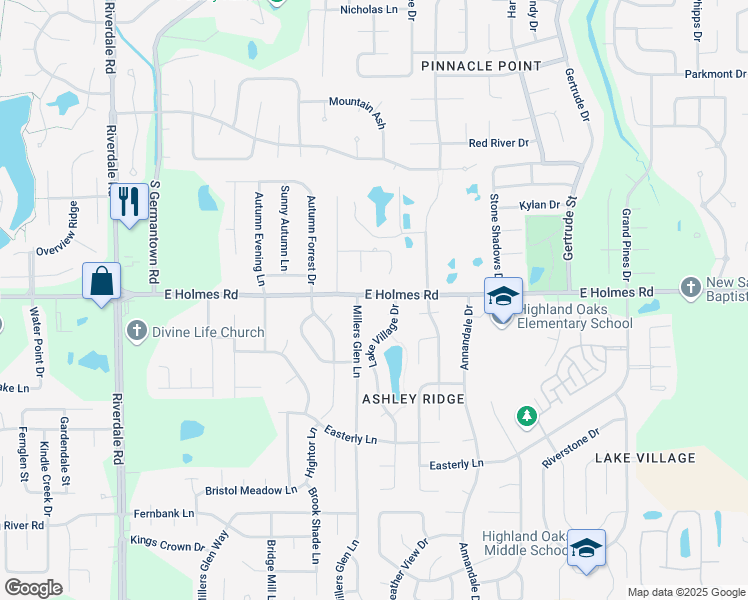 map of restaurants, bars, coffee shops, grocery stores, and more near 7299 East Holmes Road in Memphis