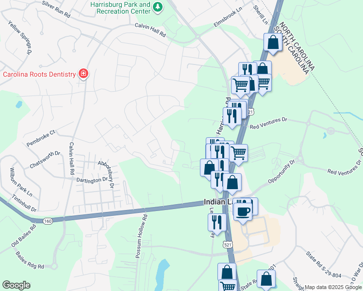map of restaurants, bars, coffee shops, grocery stores, and more near 164 Patterson Lane in Fort Mill