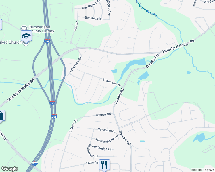 map of restaurants, bars, coffee shops, grocery stores, and more near 7119 Overland Court in Fayetteville