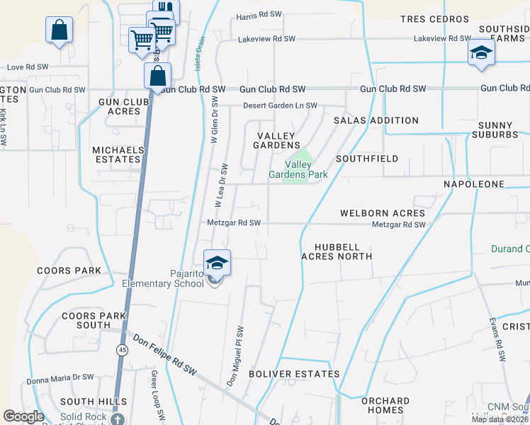 map of restaurants, bars, coffee shops, grocery stores, and more near 2607 Metzgar Road Southwest in Albuquerque