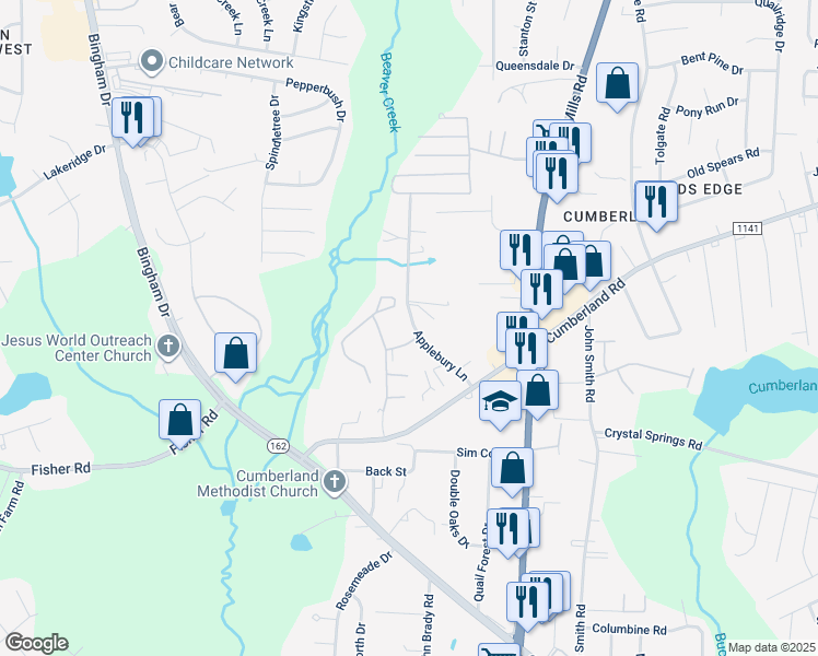 map of restaurants, bars, coffee shops, grocery stores, and more near 2304 Cumberland Bay Drive in Fayetteville