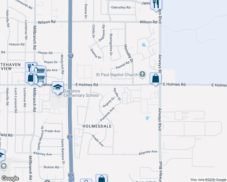 map of restaurants, bars, coffee shops, grocery stores, and more near 5232 Jordan Drive in Memphis