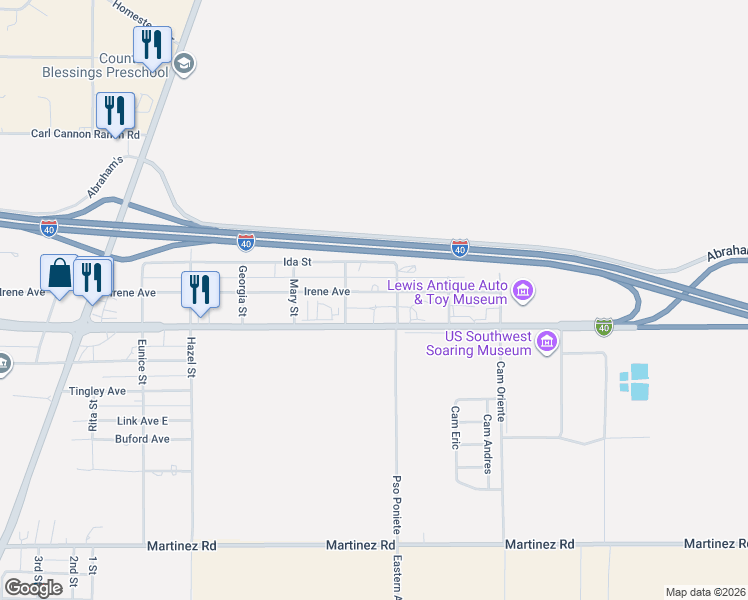 map of restaurants, bars, coffee shops, grocery stores, and more near 612 Irene Avenue in Moriarty