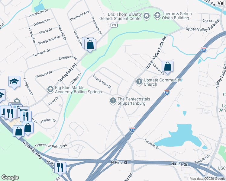map of restaurants, bars, coffee shops, grocery stores, and more near 128 Stonewood Crossing Drive in Boiling Springs