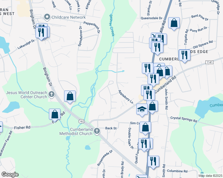 map of restaurants, bars, coffee shops, grocery stores, and more near 2501 Cumberland Creek Drive in Fayetteville
