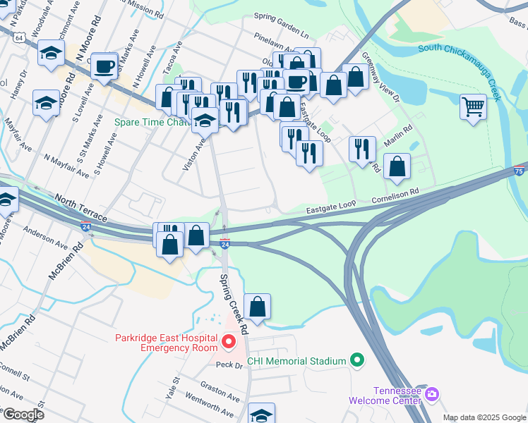 map of restaurants, bars, coffee shops, grocery stores, and more near 5524 Miller Drive in Chattanooga