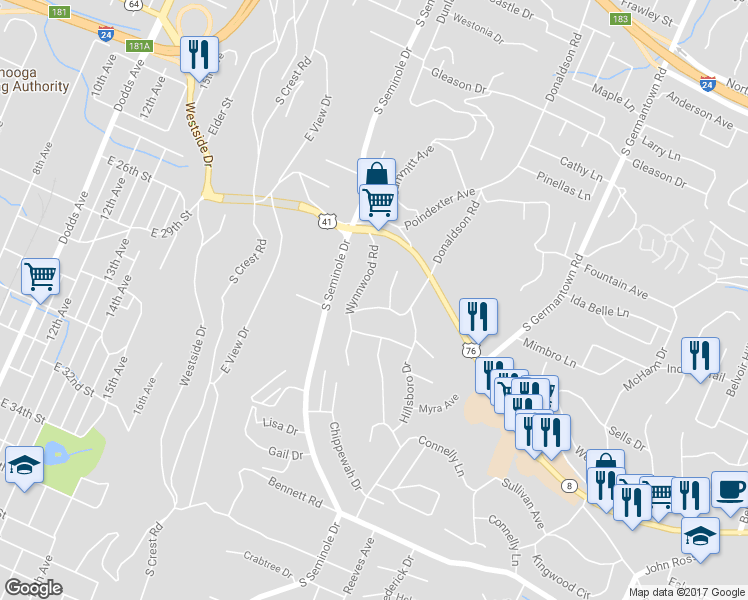 map of restaurants, bars, coffee shops, grocery stores, and more near 3211 Blackhawk Trail in Chattanooga
